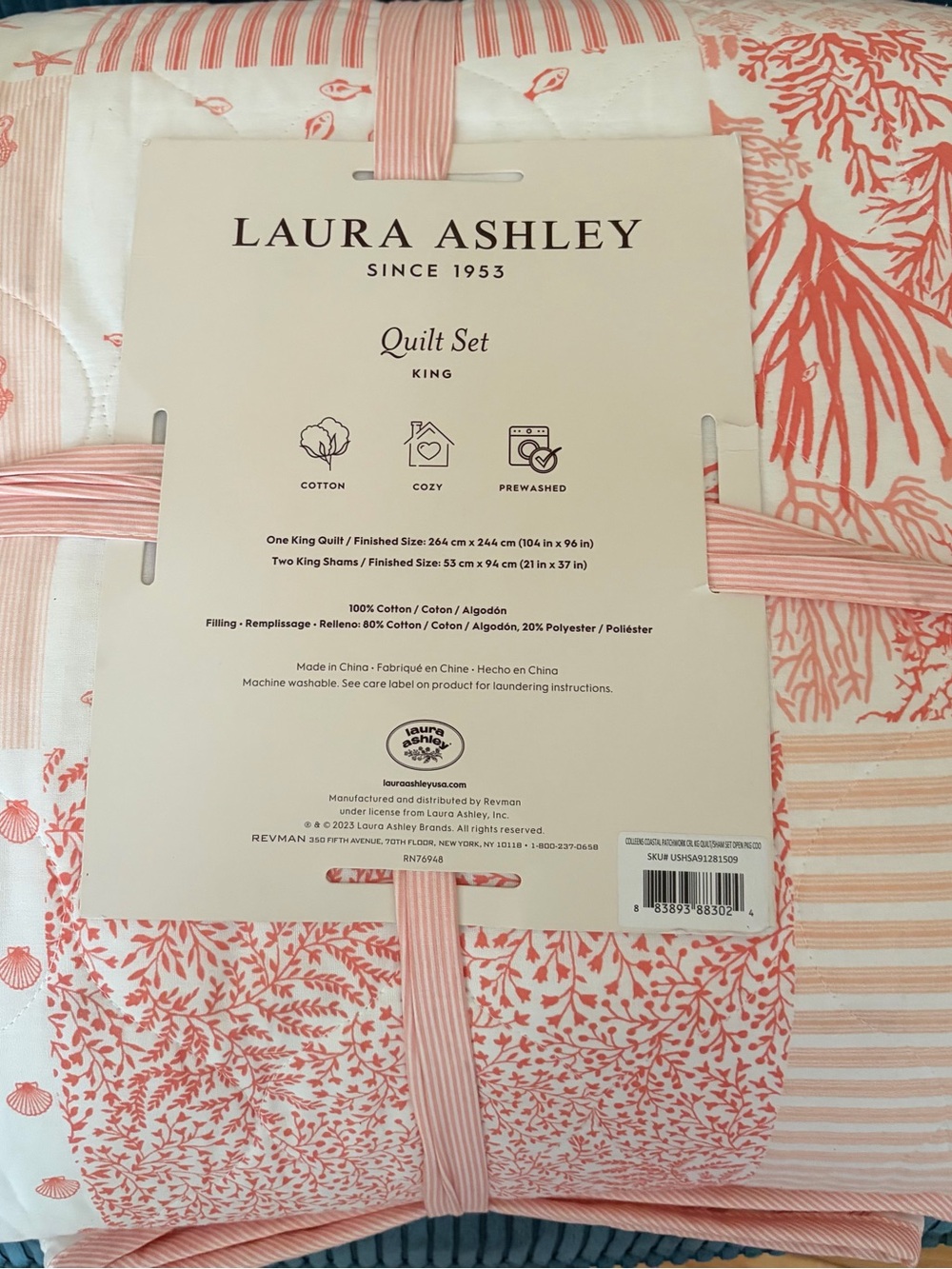 BRAND NEW Laura Ashley Coral and White King Quilt Set with 2 shams